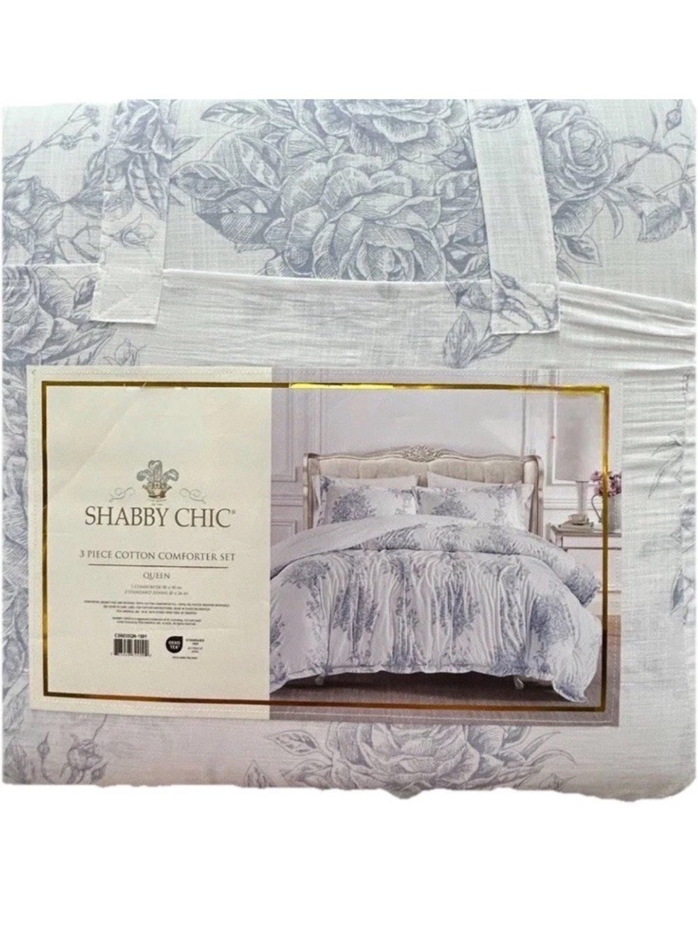 Shabby Chic Blue and White Floral Cotton Queen Comforter Set 90”x90”